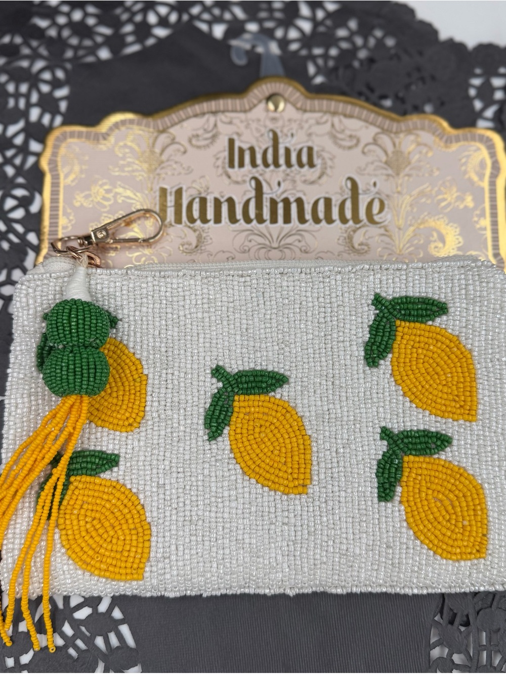 Handmade India beaded lemon coin pouch tassel keychain